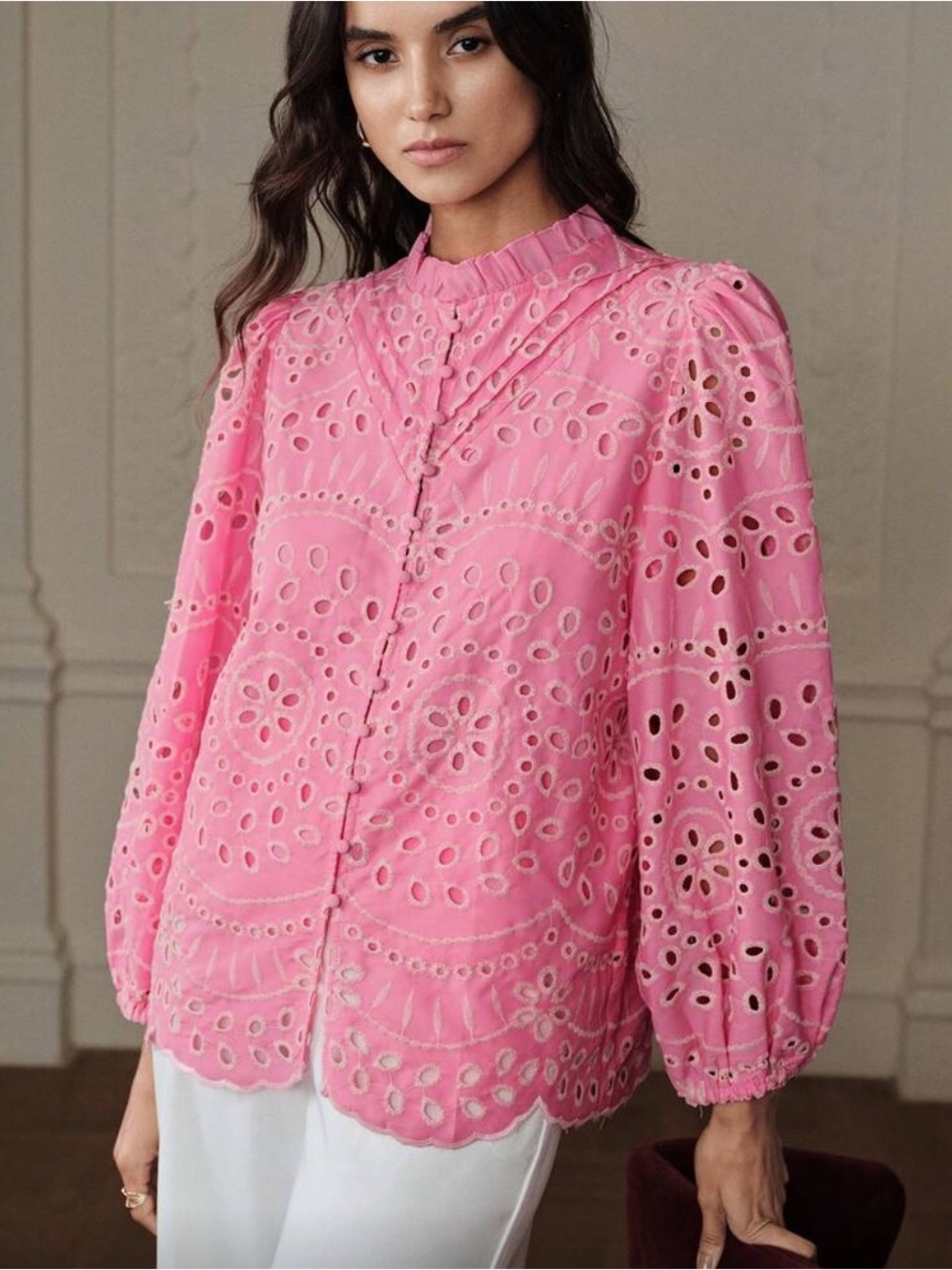 Avalon French Pink Eyelet Blouse White Embroidered Flowers, Puff Sleeves, L, New - Picture 3 of 7